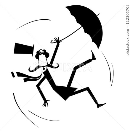 Cartoon man, umbrella and windy day isolated. Funny long mustache man in the top hat gone with the wind black on white background 112305702