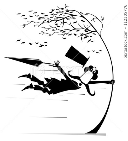 Bad weather, hurricane, frightened man catches a tree. Strong wind, flying leaves and a man lost his hat and umbrella trying to keep his life catching a tree black on white background 112305776