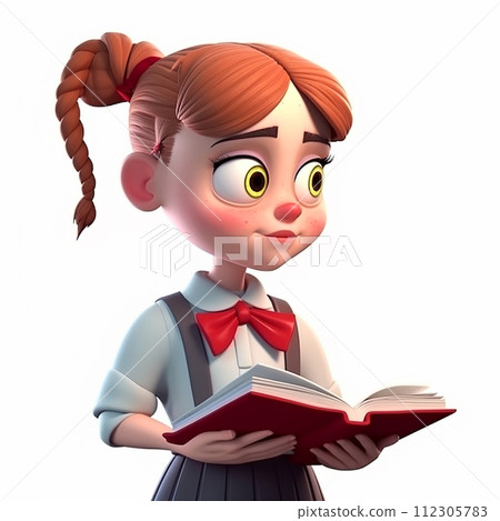 Cartoon girl with vibrant red hair is deeply engrossed in reading book. She stands, holding book with both hands, leaning forward in concentration, funny cute cartoon 3d illustration on white, avatar Cartoon girl with vibrant red hair is deeply engrossed in reading book. She stands, holding book with both hands, leaning forward in concentration, funny cute cartoon 3d illustration on white, avatar 112305783