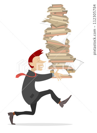 Man with piles of papers or books illustration. Smiling man holds big piles of papers or books in the hands isolated on white background 112305784