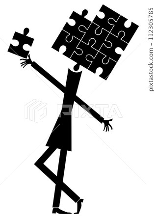 Person with puzzle instead head concept. Person with puzzle instead head pushing puzzle piece and connecting idea. Black on white background Person with puzzle instead head concept. Person with puzzle instead head pushing puzzle piece and connecting idea. Black on white background 112305785