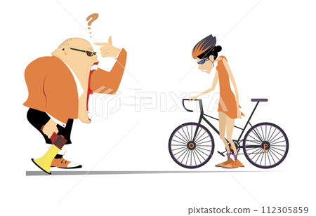 Cycling. Illustration of cyclist and angry coach. Strict trainer with megaphone scolding a cyclist woman. Isolated on white background Cycling. Illustration of cyclist and angry coach. Strict trainer with megaphone scolding a cyclist woman. Isolated on white background 112305859