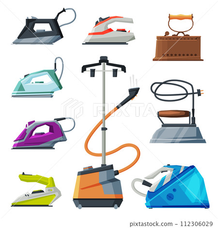 Modern and Old Irons and Cloth Steamer Collection, Household Appliances, Electric Ironing Clothes Devices Vector Illustration 112306029