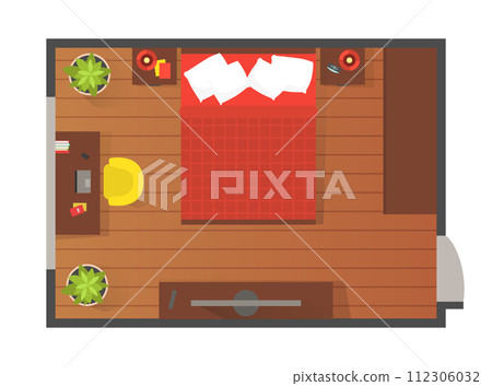 Bedroom Modern Interior, Top View of Detailed Plan for Apartment or Family House with Furniture Elements Vector Illustration Bedroom Modern Interior, Top View of Detailed Plan for Apartment or Family House with Furniture Elements Vector Illustration 112306032