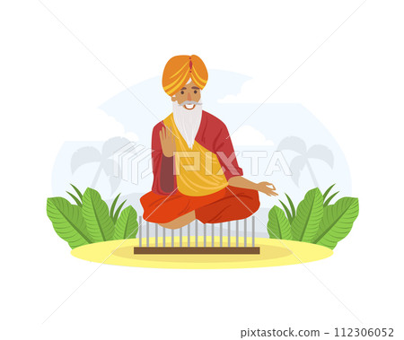 Indian Yogi Sitting on Board with Nails in Lotus Position Vector Illustration Indian Yogi Sitting on Board with Nails in Lotus Position Vector Illustration 112306052
