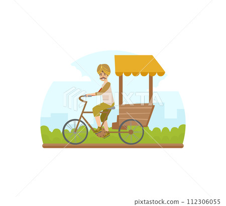 Asian Tricycle Rickshaw Cab, Traditional Indian Taxi Vector Illustration 112306055
