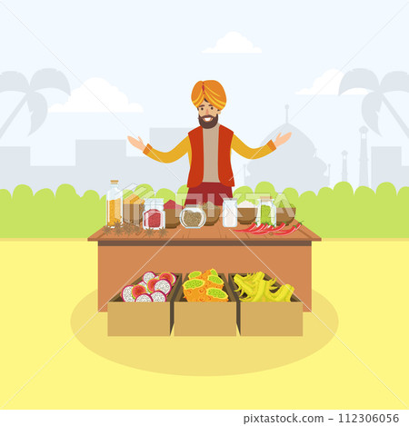 Indian Man Selling Spices and Fruits at Marketplace Vector Illustration 112306056