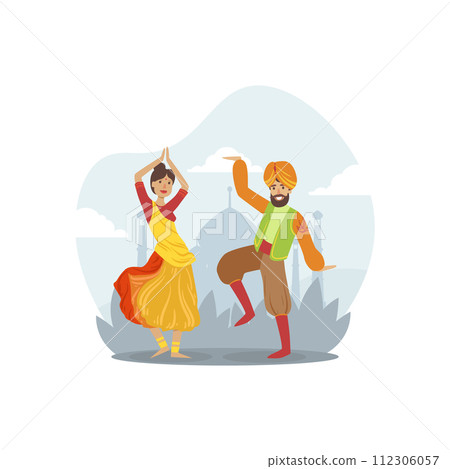 Male and Female Indian Dancers in Traditional Costumes Vector Illustration 112306057