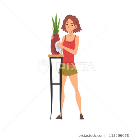 Young Woman Wiping Dust with Rug, Housewife Character Household Activity, Housekeeping, Everyday Duties and Chores Cartoon Vector Illustration 112306078