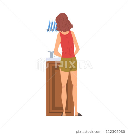 Young Woman Washing Dishes, Back View, Housewife Character Household Activity, Housekeeping, Everyday Duties and Chores Cartoon Vector Illustration 112306080