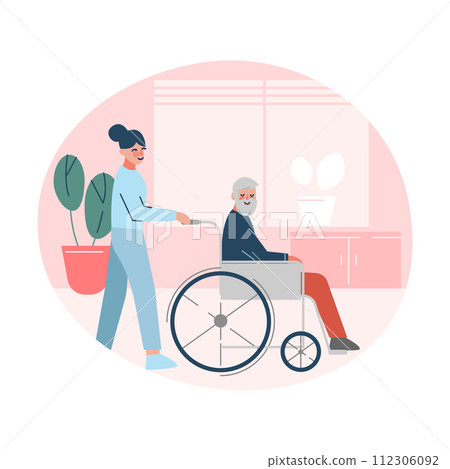 Nurse or Doctor Helping Disabled Elderly Man who is Sitting in Wheelchair, Healthcare Assistance Vector Illustration 112306092