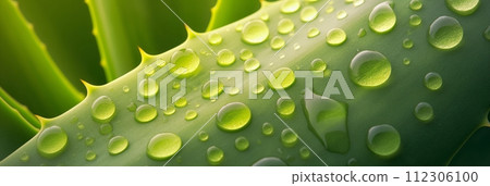 A close up of a green aloe vera plant with water drops on the leaves, displaying beautiful macro photography of this terrestrial houseplant, cosmetic concept, banner A close up of a green aloe vera plant with water drops on the leaves, displaying beautiful macro photography of this terrestrial houseplant, cosmetic concept, banner 112306100
