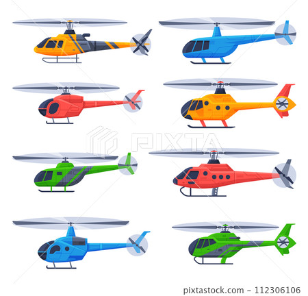 Helicopters Aircrafts Collection, Flying Colorful Choppers, Air Transportation Flat Vector Illustration Helicopters Aircrafts Collection, Flying Colorful Choppers, Air Transportation Flat Vector Illustration 112306106