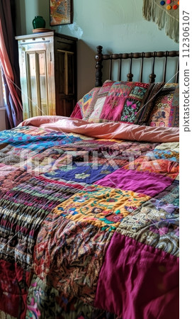 Bedroom with bed with patchwork quilt, colorful patchwork quilt 112306107