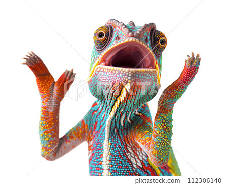 Beautiful Expressive Chameleon Singing of Talking Isolated on a White Background. Beautiful Expressive Chameleon Singing of Talking Isolated on a White Background. 112306140