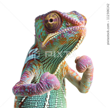 Beautiful Chameleon Standing Ready to Fight with His Fists Up Isolated on a White Background. 112306142