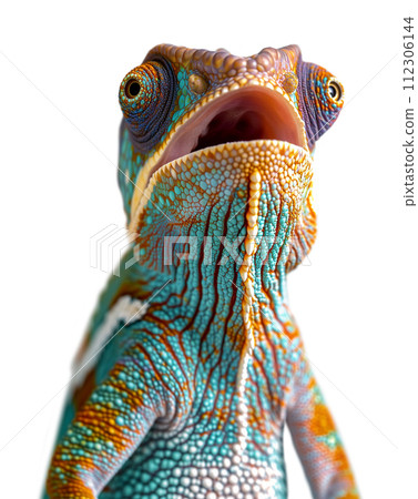 Beautiful Expressive Chameleon Singing of Talking Isolated on a White Background. Beautiful Expressive Chameleon Singing of Talking Isolated on a White Background. 112306144