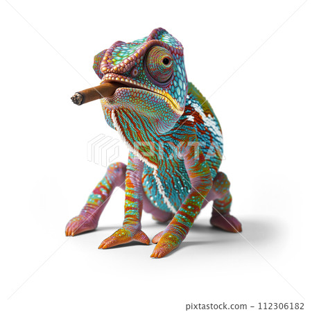 Beautiful Chameleon Smoking a Cigar Isolated on a White Background. 112306182