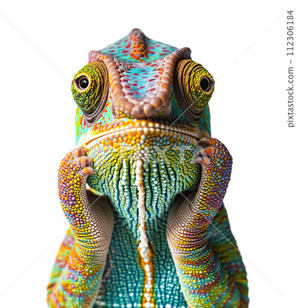 Beautiful Contemplative Chamaeleon with His Hands on His Chin Isolated on a White Background. 112306184