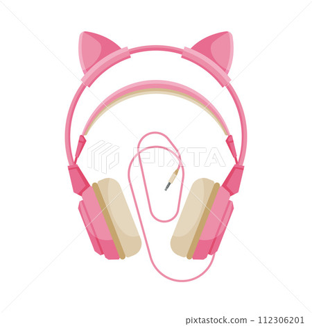 Pink Childish Headphones with Cable, Accessory for Music Listening or Gaming Vector Illustration Pink Childish Headphones with Cable, Accessory for Music Listening or Gaming Vector Illustration 112306201