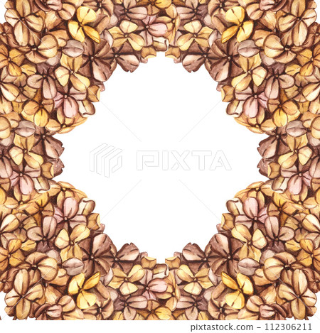 Round Frame with branch of Dried Hydrangea, Flowers and Wild Dry Grass. Vintage Circular Picture in Boho style with Herbs and Wildflowers. Floral Garden elements. Template 112306211