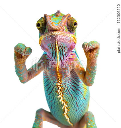 Beautiful Chameleon Standing Ready to Fight with His Fists Up Isolated on a White Background. 112306220