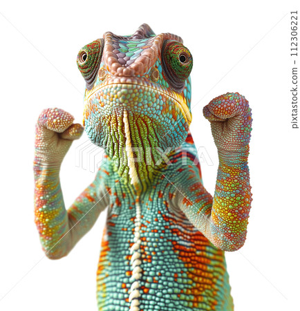 Beautiful Chameleon Standing Ready to Fight with His Fists Up Isolated on a White Background. 112306221