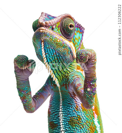 Beautiful Chameleon Standing Ready to Fight with His Fists Up Isolated on a White Background. 112306222
