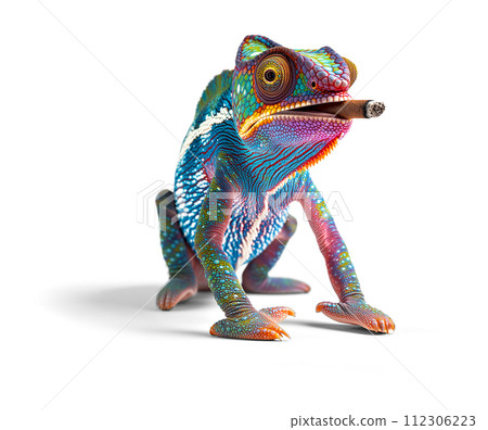 Beautiful Chameleon Smoking a Cigar Isolated on a White Background. 112306223