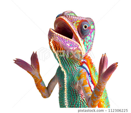 Beautiful Expressive Chameleon Singing of Talking Isolated on a White Background. Beautiful Expressive Chameleon Singing of Talking Isolated on a White Background. 112306225