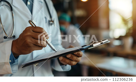 Close up of male doctor writing on clipboard while standing in his office 112306236