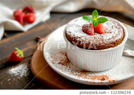 A freshly baked chocolate lava cake with a molten center. Chocolate cake or fondant powdered sugar on top A freshly baked chocolate lava cake with a molten center. Chocolate cake or fondant powdered sugar on top 112306239