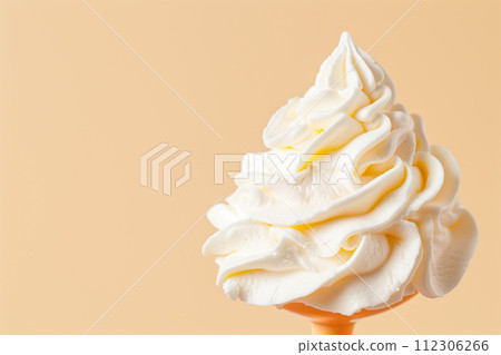 White texture of Vanilla ice cream with whipped cream on a stick on a pink background. Detailed pure creamy White texture of Vanilla ice cream with whipped cream on a stick on a pink background. Detailed pure creamy 112306266