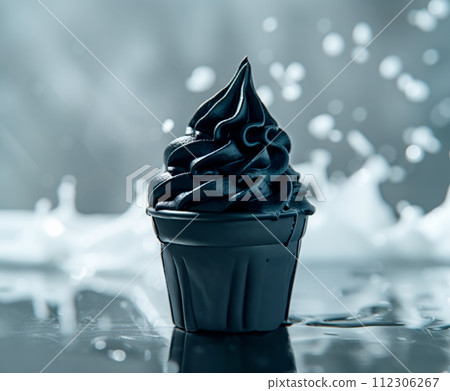 Tasty chocolate cupcake with black cream on dark background. Shallow depth of field Tasty chocolate cupcake with black cream on dark background. Shallow depth of field 112306267