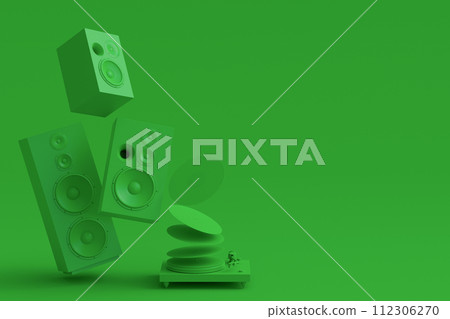 Set of Hi-fi speakers and DJ turntable for sound recording studio on monochrome Set of Hi-fi speakers and DJ turntable for sound recording studio on monochrome 112306270