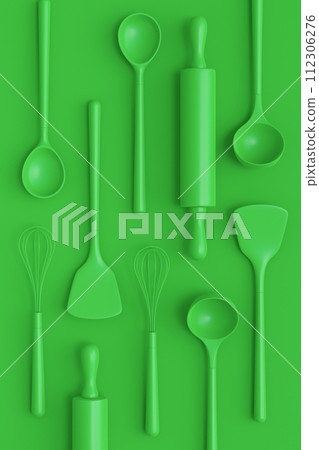 Wooden kitchen utensils, tools and equipment on green monochrome background. Wooden kitchen utensils, tools and equipment on green monochrome background. 112306276
