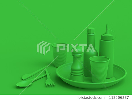 Set of disposable utensils like plate, folk, spoon,knife, cup and pepper mill Set of disposable utensils like plate, folk, spoon,knife, cup and pepper mill 112306287