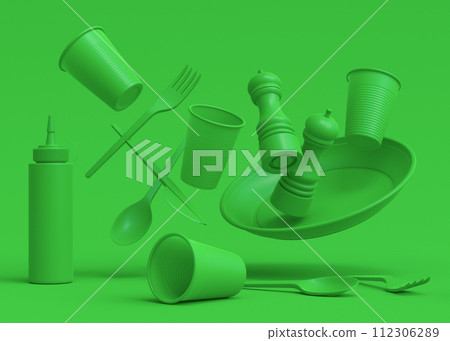 Set of disposable utensils like plate, folk, spoon,knife, cup and pepper mill Set of disposable utensils like plate, folk, spoon,knife, cup and pepper mill 112306289