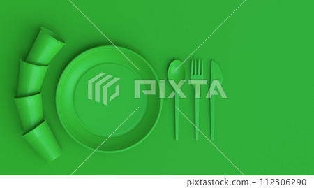 Set of disposable utensils like plate, folk, spoon,knife, cup and pepper mill 112306290