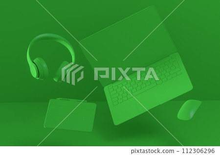 Aluminum laptop with graphic tablet, mouse, headphones and phone on monochrome 112306296