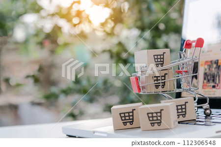 Shopping online. cardboard box with a shopping cart logo in a trolley on laptop keyboard. Shopping service on The online web. offers home delivery 112306548