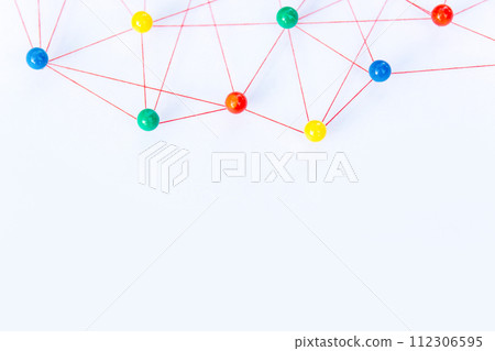 Linking entities, Blockchain, social media, Communications Network, The connection between the two networks. Network simulation on paper linked together by yarn Linking entities, Blockchain, social media, Communications Network, The connection between the two networks. Network simulation on paper linked together by yarn 112306595