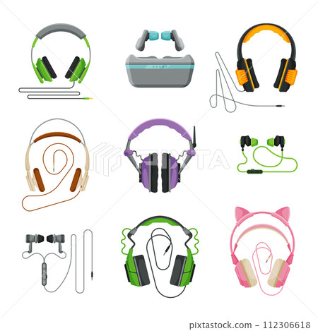 Various Types of Earphones Set, Headphones, Earbuds, Headset, Accessories for Music Listening or Gaming Vector Illustration 112306618