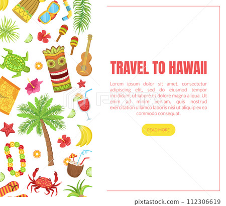 Travel to Hawaii Landing Page Template with Travelling Symbols Seamless Pattern and Space for Text Vector Illustration 112306619
