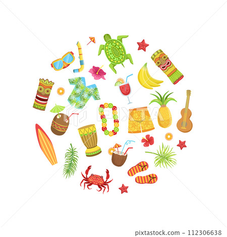 Hawaiian Travel Sights and Symbols Pattern of Round Shape, Summer Vacation Adventures Vector Illustration 112306638