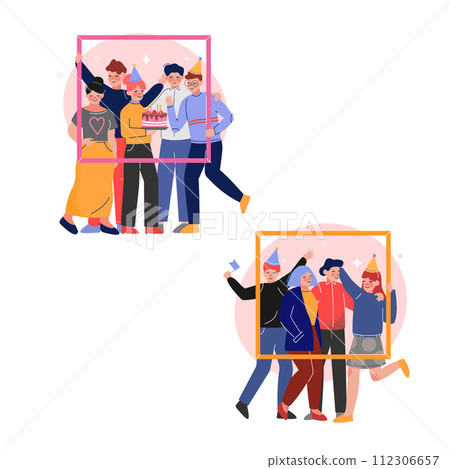 Group of Friends Holding Portrait Frame Set, Teenagers Wearing Party Hats Having Birthday Party Vector Illustration Group of Friends Holding Portrait Frame Set, Teenagers Wearing Party Hats Having Birthday Party Vector Illustration 112306657