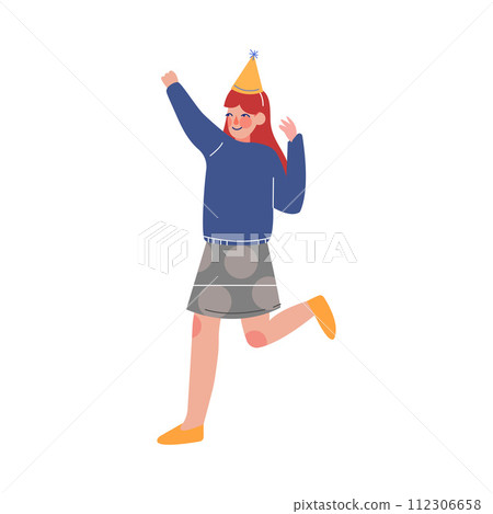Happy Teen Girl Wearing Party Hat Having Birthday or Festive Party Vector Illustration Happy Teen Girl Wearing Party Hat Having Birthday or Festive Party Vector Illustration 112306658