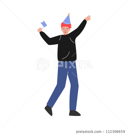 Teen Boy Wearing Cone Hat Celebrating Birthday with Party Flag, Teenager Having Festive Party Vector Illustration Teen Boy Wearing Cone Hat Celebrating Birthday with Party Flag, Teenager Having Festive Party Vector Illustration 112306659