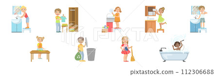 Kid Character Doing Housework and Helping with Chores Vector Set Kid Character Doing Housework and Helping with Chores Vector Set 112306688