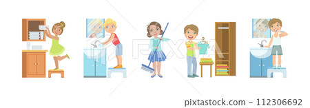 Kid Character Doing Housework and Helping with Chores Vector Set 112306692